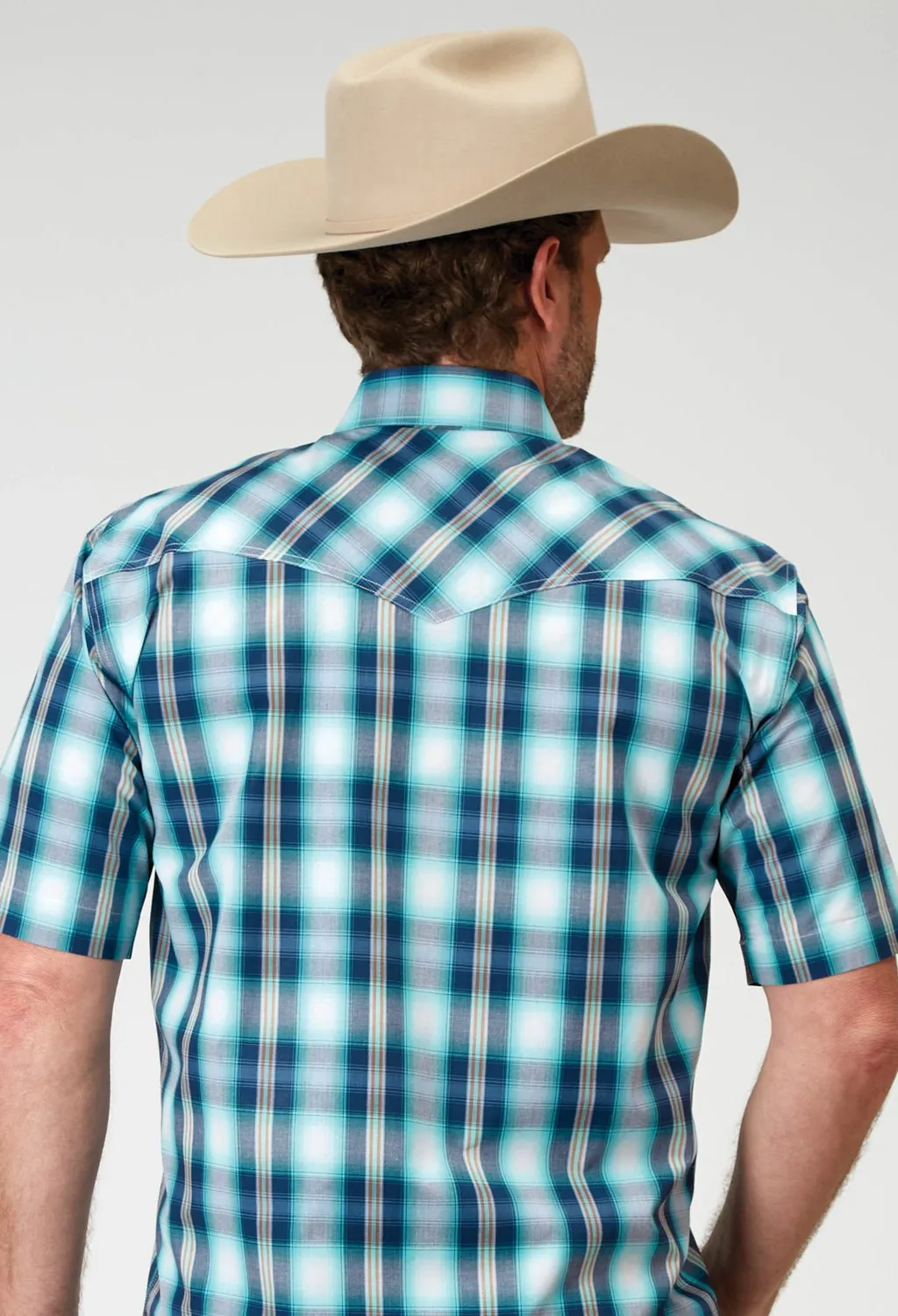 Ribbed Trim Flatlock stitching Roper Mens Cool Breeze Plaid Blue 100% Cotton S/S Shirt
