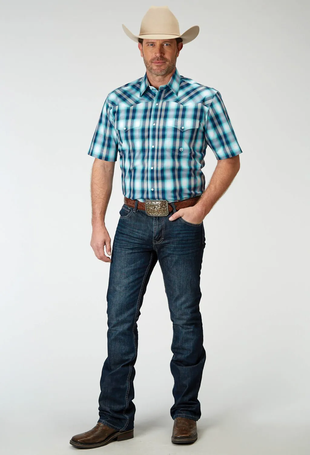 Edgy Fashion Roper Mens Cool Breeze Plaid Blue 100% Cotton S/S Shirt
