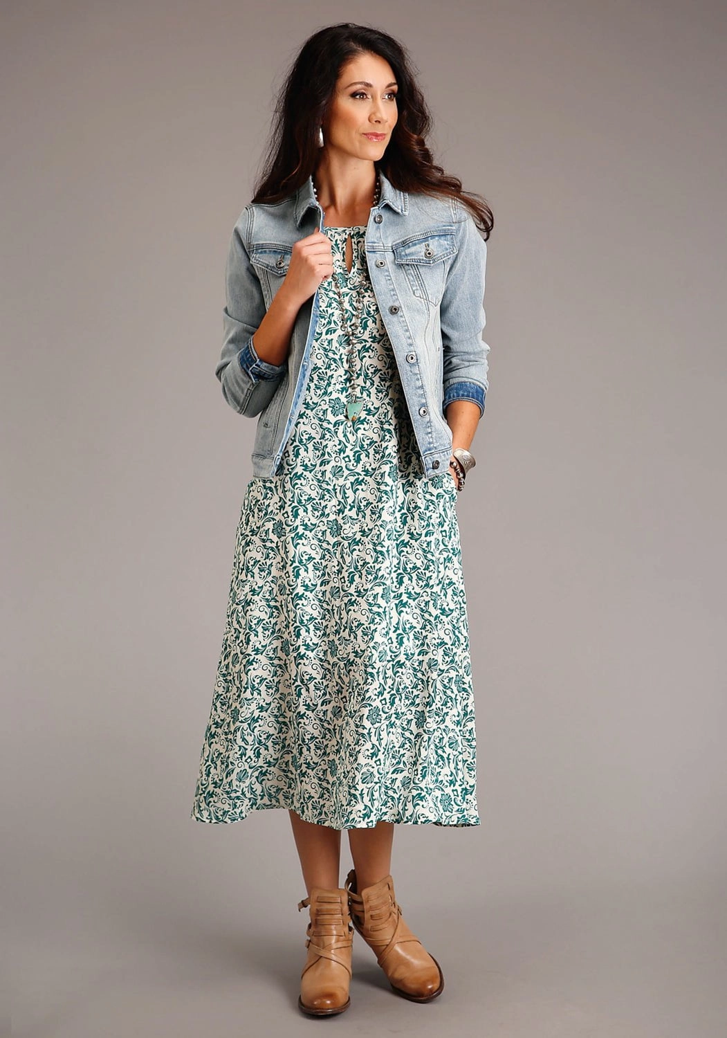 Daily Mix Tailored Appearance Stetson Womens Floral Jade Green Rayon/Nylon S/L Dress