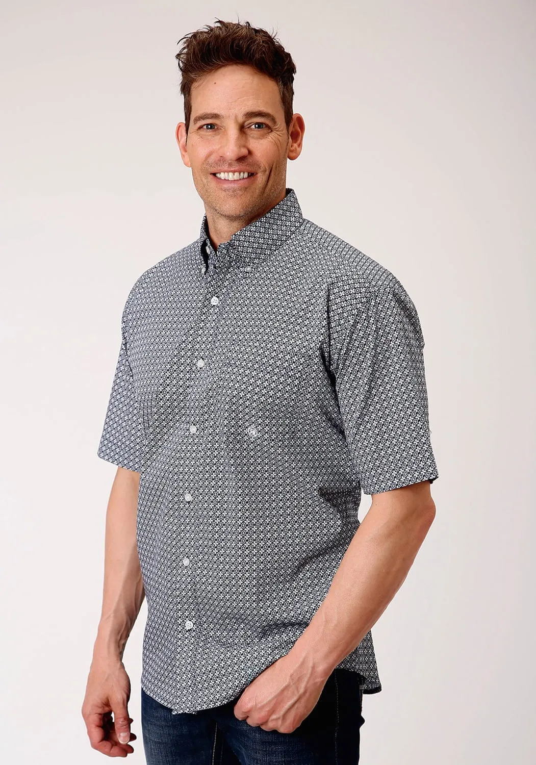 Oversized style Snug feel Roper Mens Navy 100% Cotton Bell Foulard BD S/S Shirt