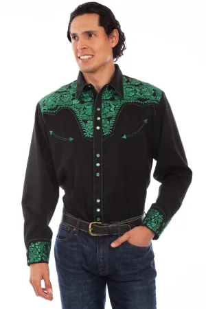 Sweat Absorbent Scully Mens Emerald Poly/Rayon Floral Tooled L/S Shirt Trendy Layer All-day Comfort Scully Mens Emerald Poly/Rayon Floral Tooled L/S Shirt