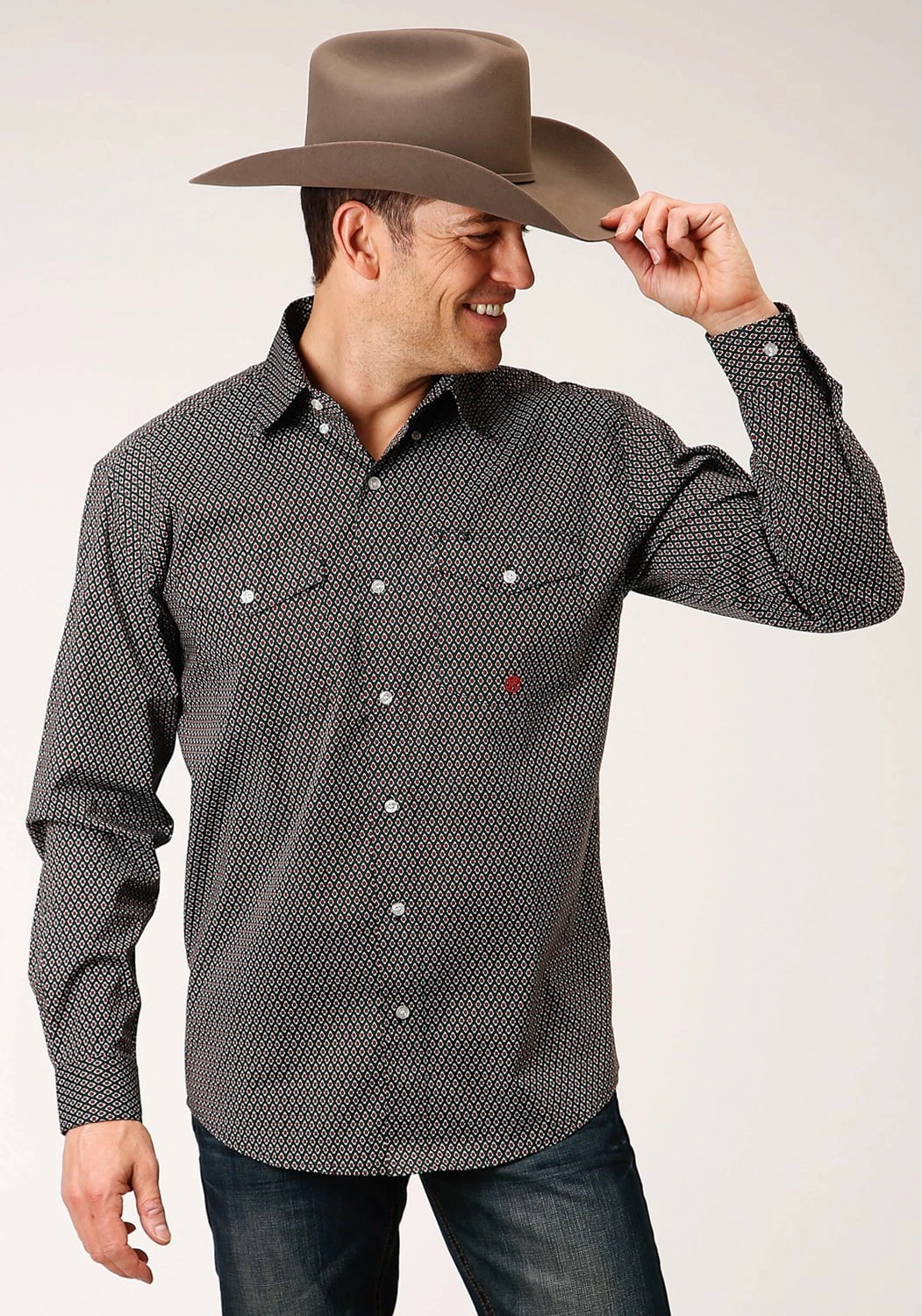 Roper Mens Olive Cotton Blend Diamond Neat BD L/S Btn Shirt Clean Edge Trim