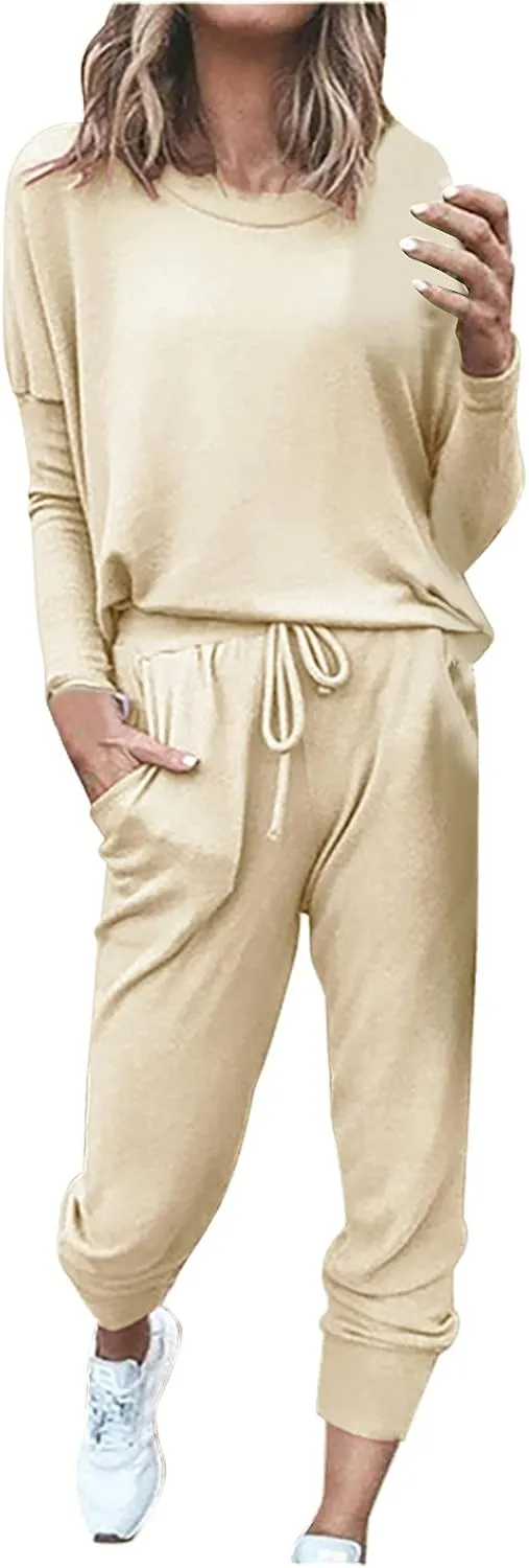 Sweatsuits Women 2 Piece Outfit Long Sleeve and Pants Set Loose Fit Lounge Set Casual Tracksuit Summer Track Suit