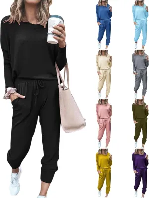 Sweatsuits Women 2 Piece Outfit Long Sleeve and Pants Set Loose Fit Lounge Set Casual Tracksuit Summer Track Suit