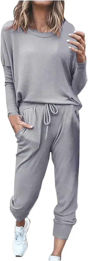 Sweatsuits Women 2 Piece Outfit Long Sleeve and Pants Set Loose Fit Lounge Set Casual Tracksuit Summer Track Suit