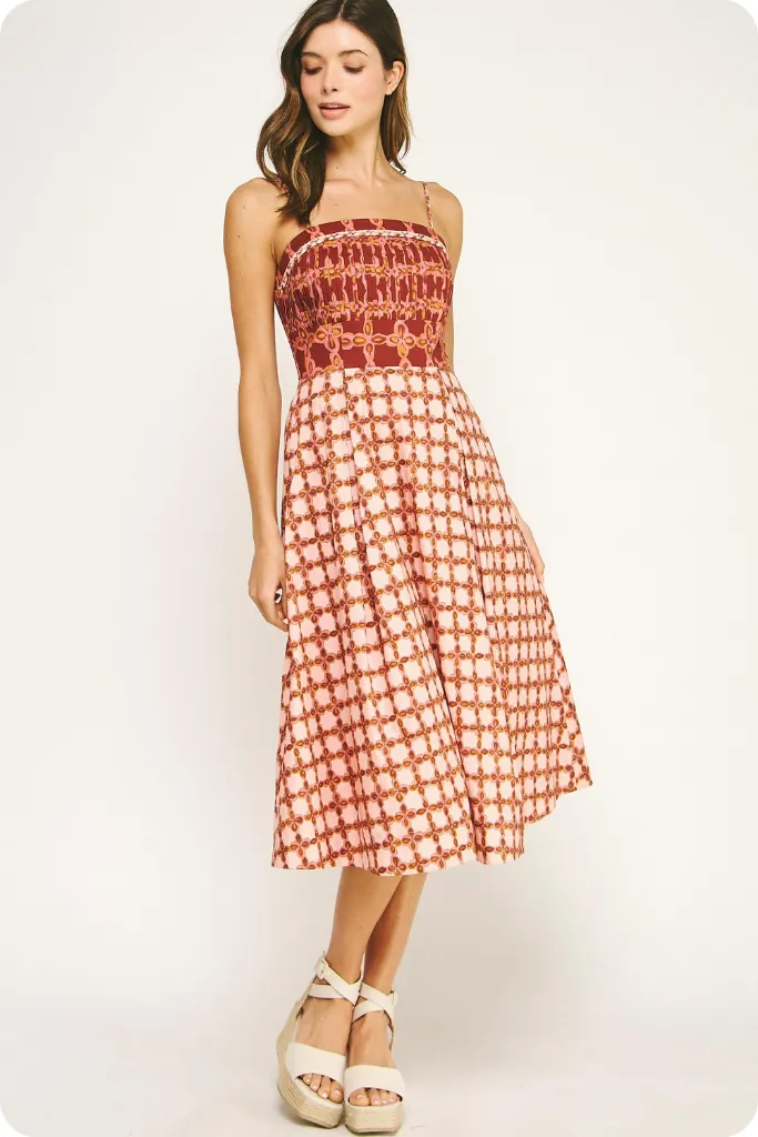 Sydney Smocked Chain Print Midi Dress Cool Palette