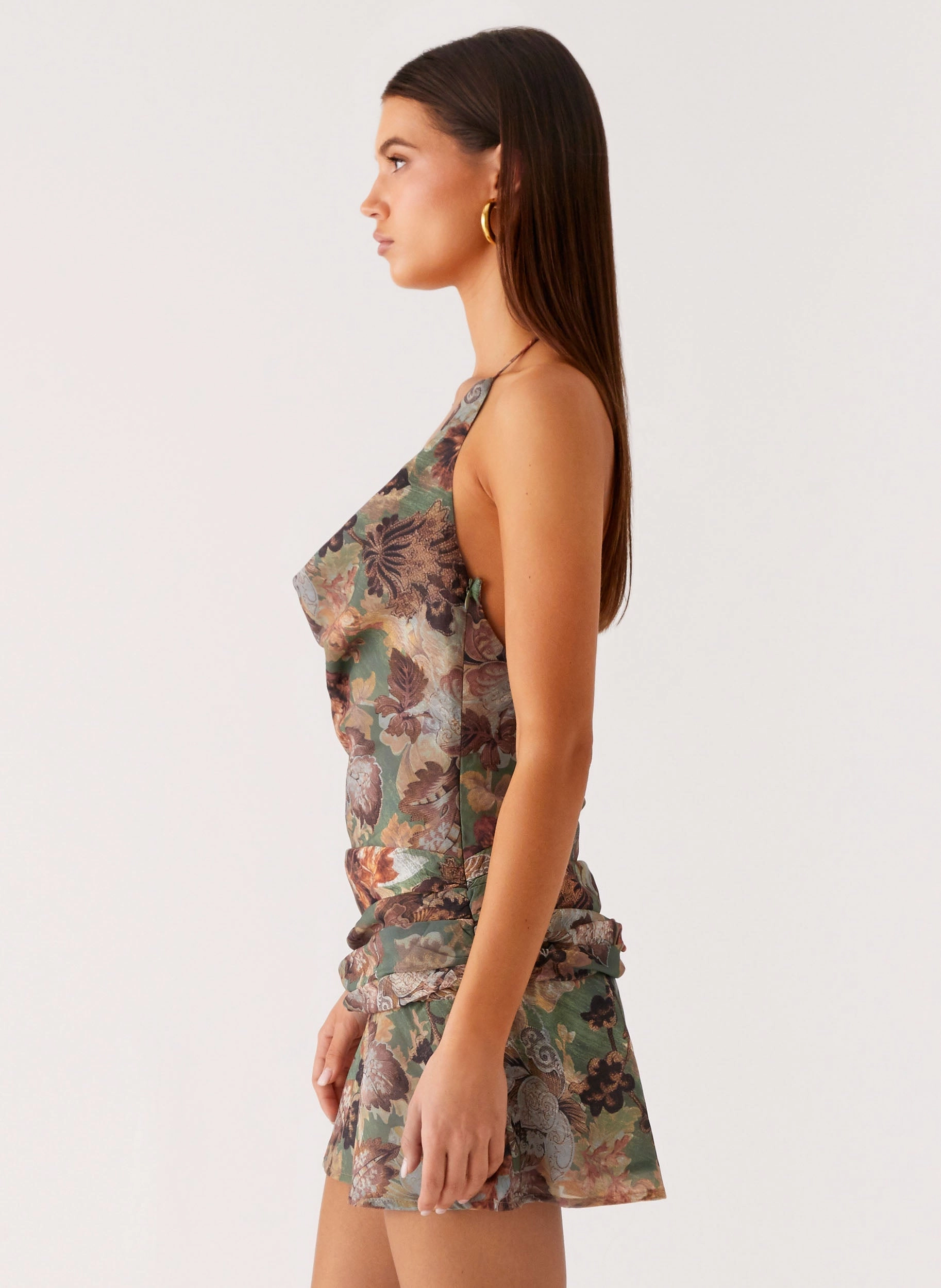 Urban Fit Comfortable Design Wineweather Cowl Mini Dress - Vintage Blossom