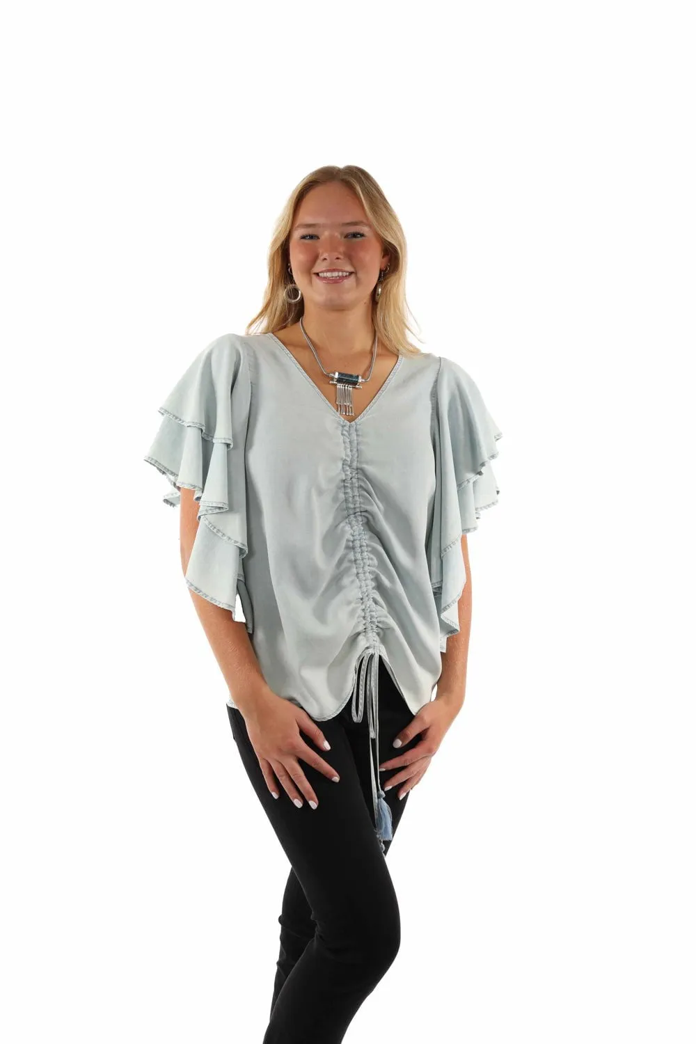 Functional Design Festival Outfit Scully Womens Cinche Front Light Blue Lyocell S/S Tunic