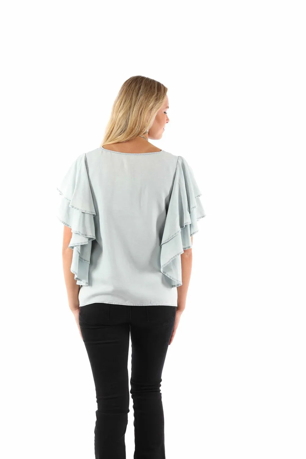 Scully Womens Cinche Front Light Blue Lyocell S/S Tunic Classic Look Anniversary Special