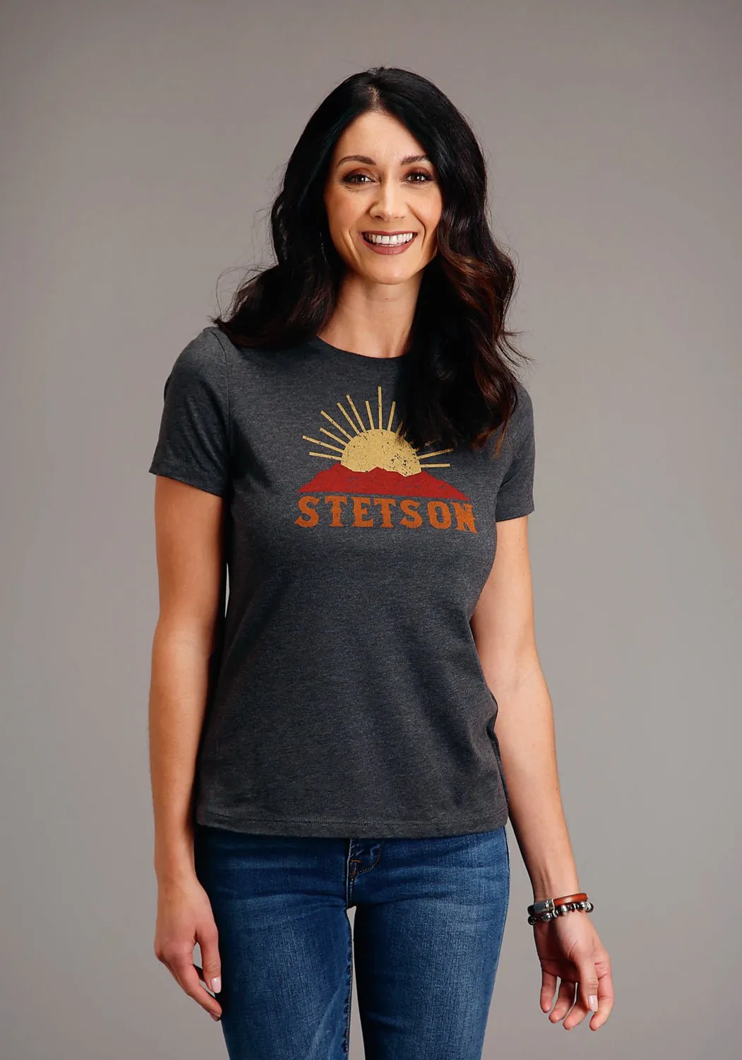 Stetson Womens Dark Grey Cotton Blend Sunset and Mountain S/S T-Shirt Outfit Combo Smart Casual Spring Mood Formal