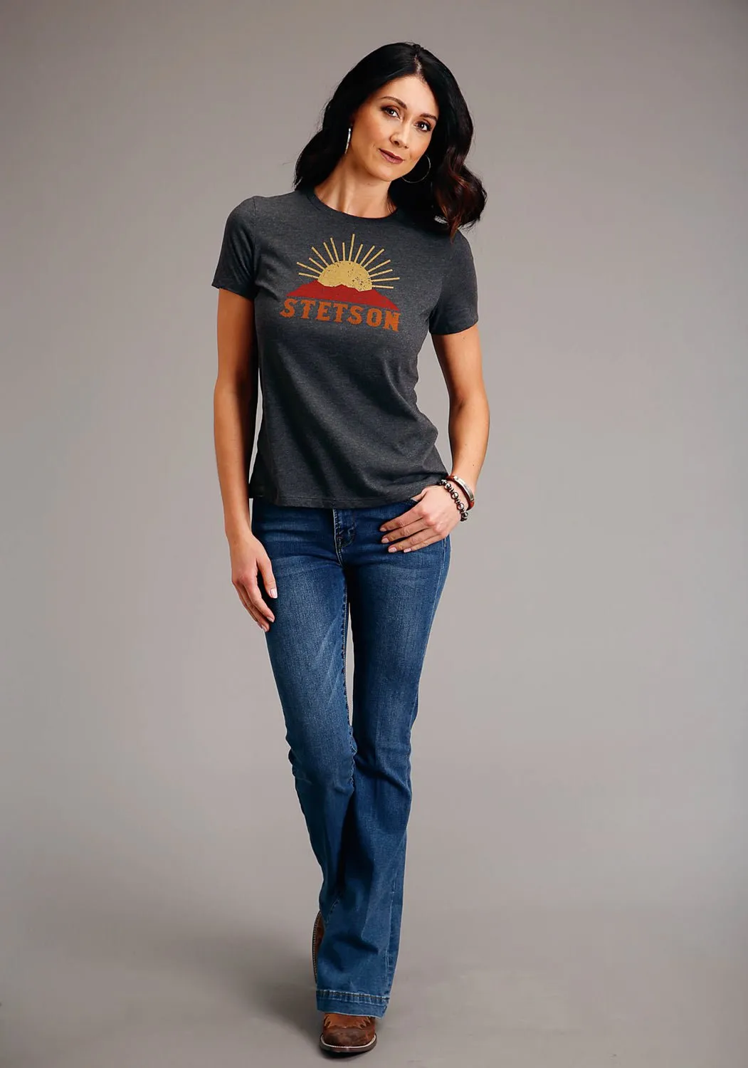 Seamless Side Panels Stetson Womens Dark Grey Cotton Blend Sunset and Mountain S/S T-Shirt