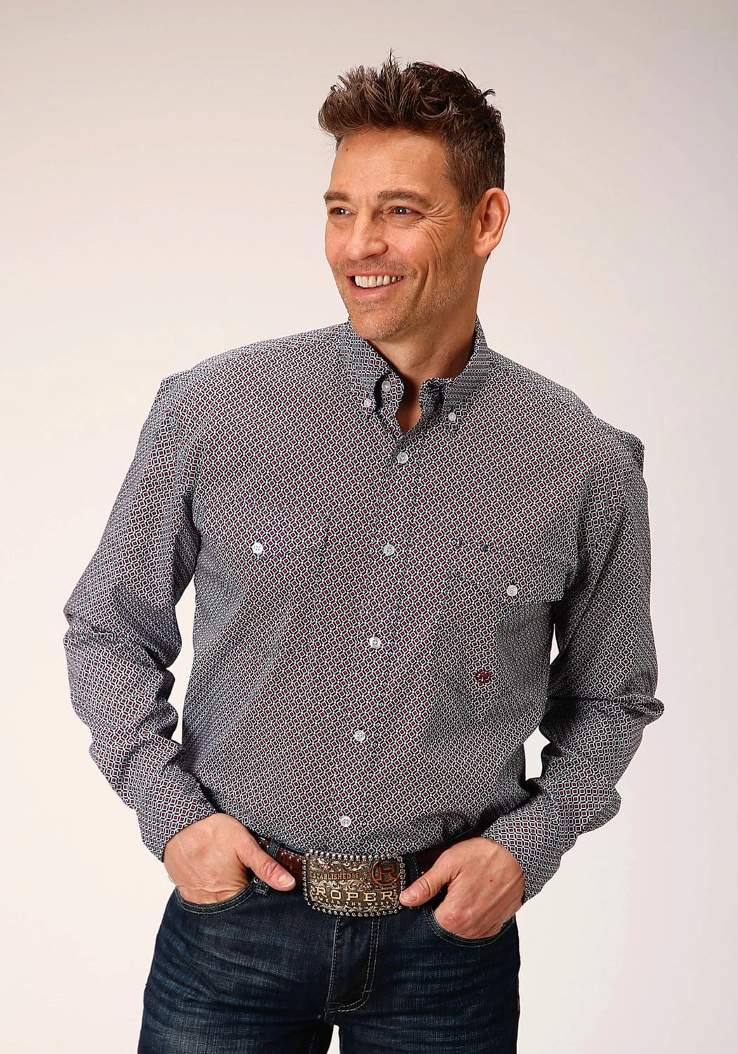 Roper Mens Classic Geo Blue 100% Cotton L/S Shirt Casual Hangout Tailored Fit