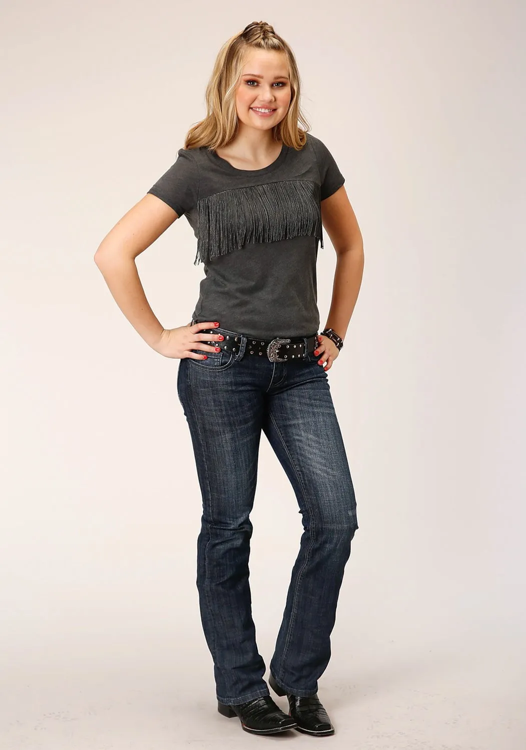 Dressy look Weekend Adventure Roper Womens Fringe Dark Charcoal Poly/Rayon S/S T-Shirt