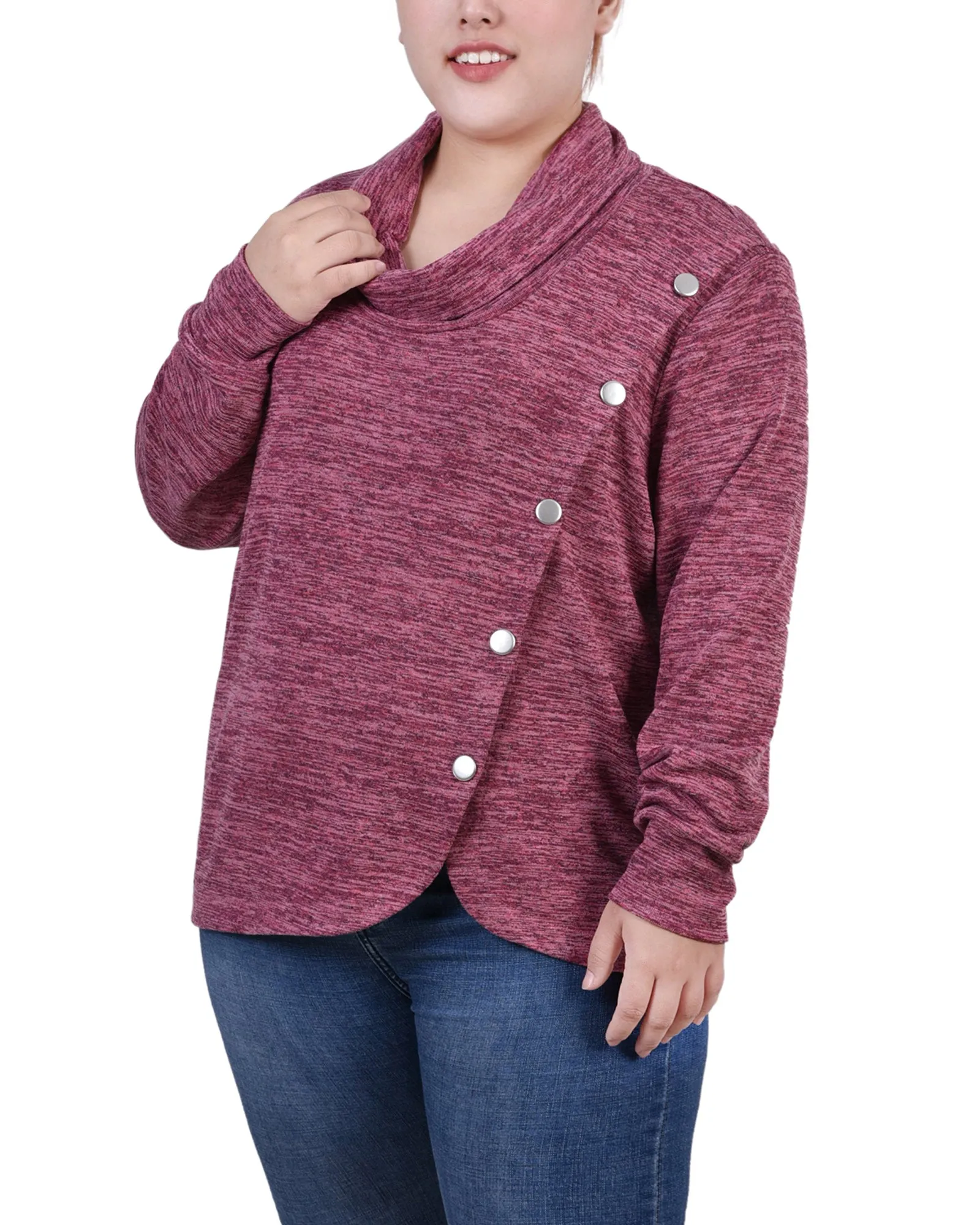 Plus Size Long Sleeve Overlapping Cowl Neck Top Sophisticated Appeal Street Motion