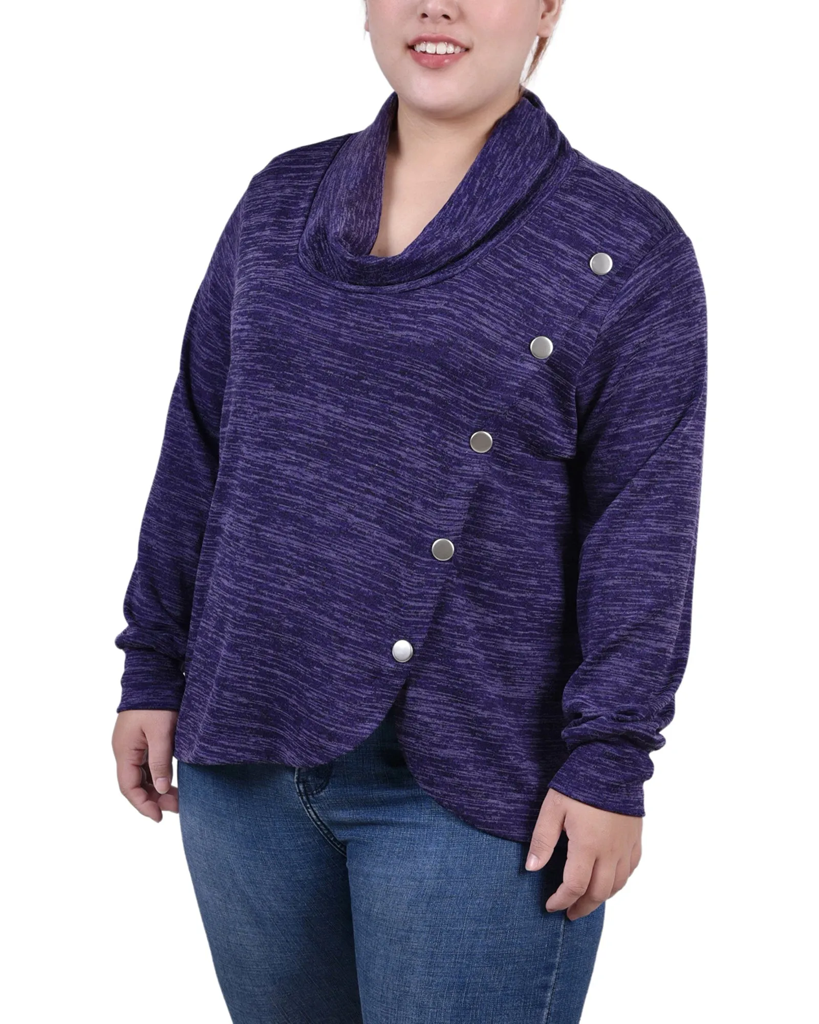 Plus Size Long Sleeve Overlapping Cowl Neck Top Vacation Outfit Editor??s-Pick