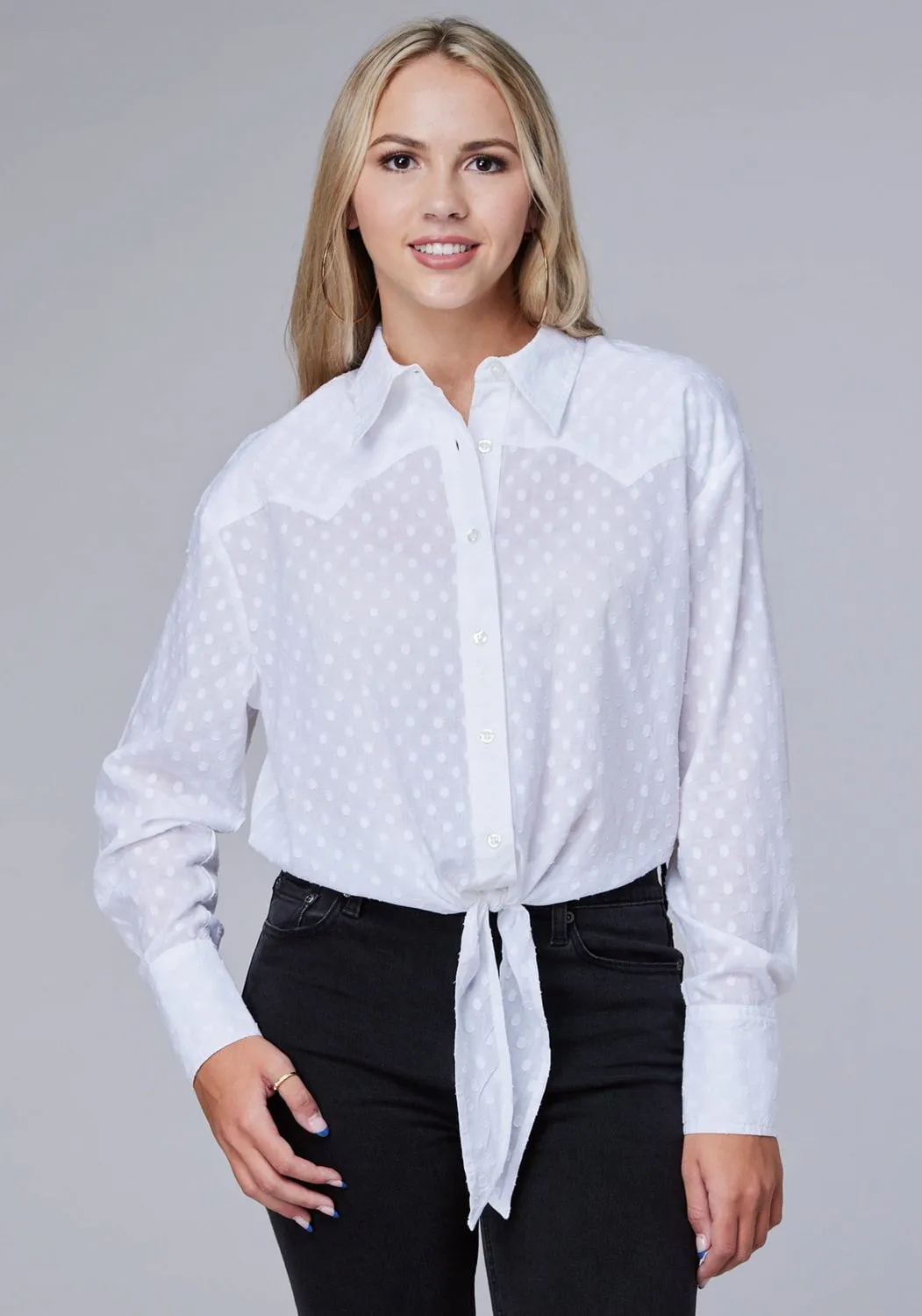Flexible Knit Double Stitched Hems Roper Womens Retro Swiss Dot White 100% Cotton L/S Blouse
