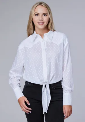 Tagless Neck Roper Womens Retro Swiss Dot White 100% Cotton L/S Blouse Flexible Knit Double Stitched Hems Roper Womens Retro Swiss Dot White 100% Cotton L/S Blouse