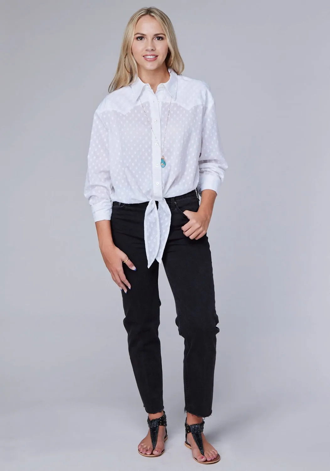Roper Womens Retro Swiss Dot White 100% Cotton L/S Blouse Modern Look Edgy Design