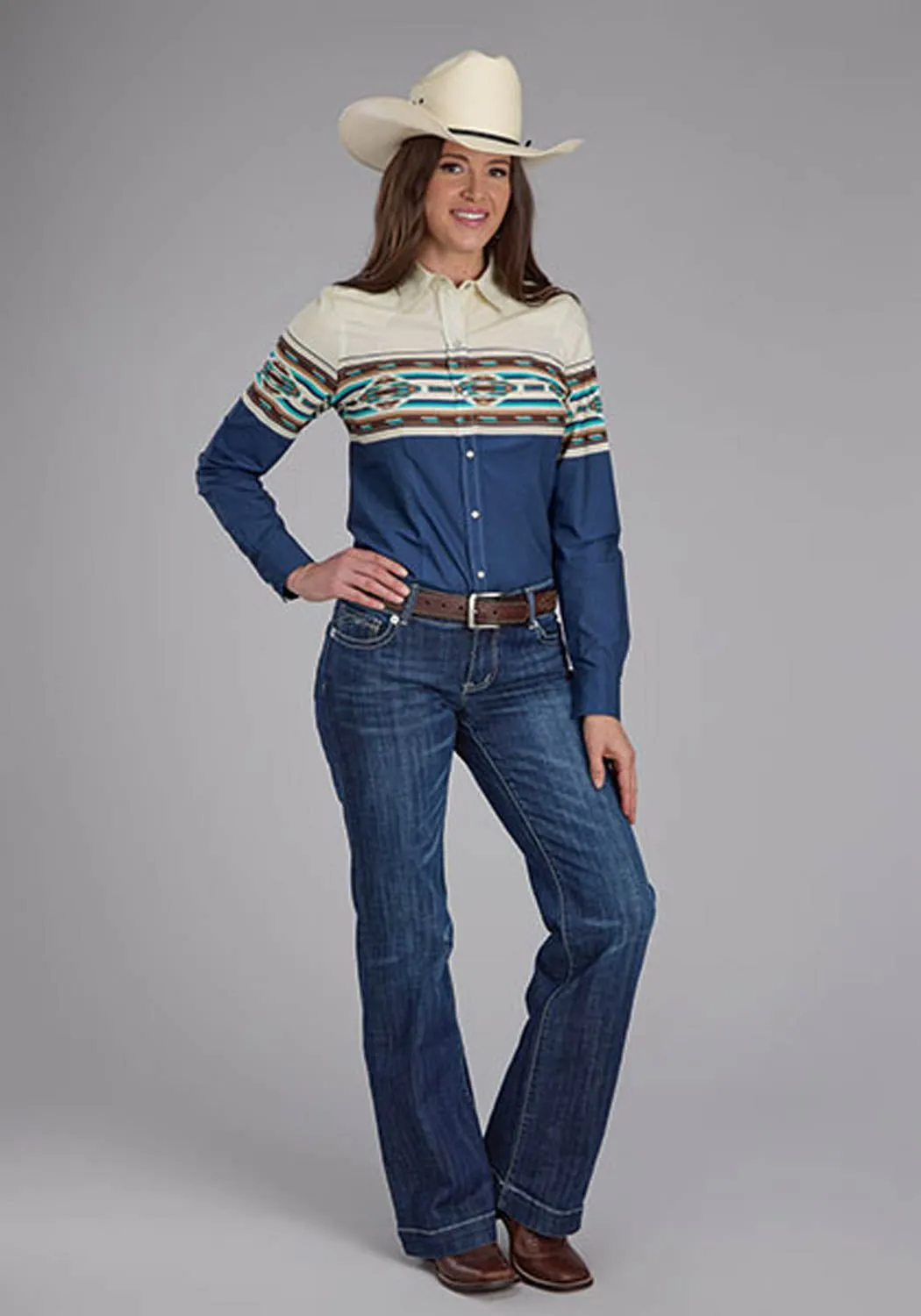 Spring Collection Roper Womens Vintage Aztec Border Blue/White 100% Cotton L/S Shirt
