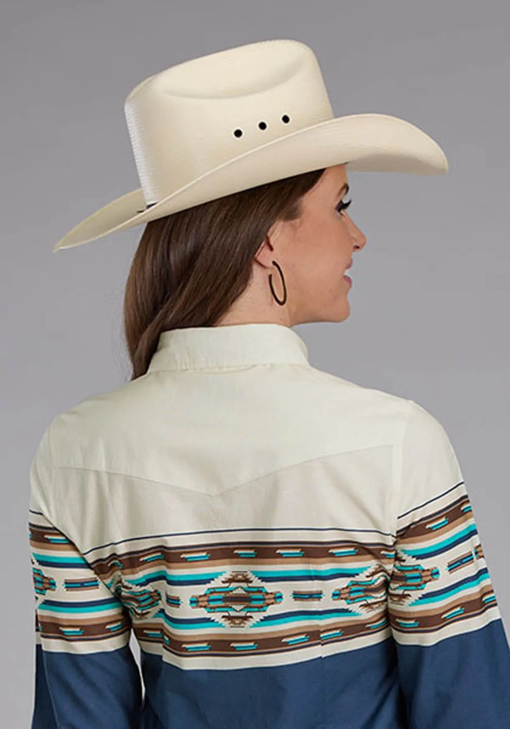 Roper Womens Vintage Aztec Border Blue/White 100% Cotton L/S Shirt Versatile Clothing Functional Design