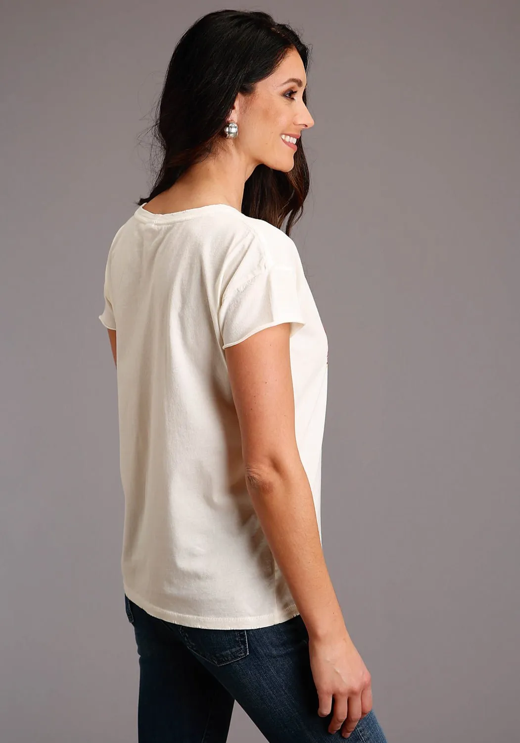Stetson Womens White 100% Cotton Distressed Cowgirl S/S T-Shirt Printed Pattern Round Collar