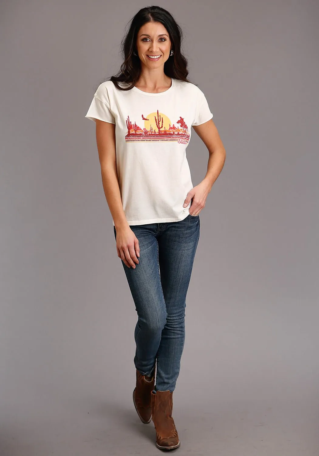 Stetson Womens White 100% Cotton Distressed Cowgirl S/S T-Shirt Layered Look