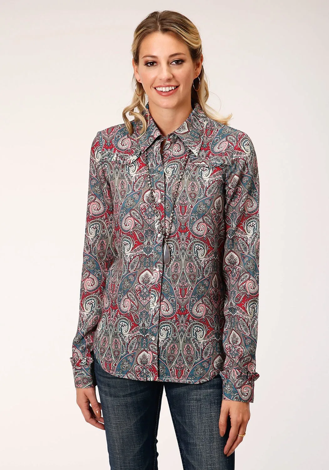 All Size Fit Roper Womens Sage Rayon/Nylon Paisley L/S Romantic Shirt