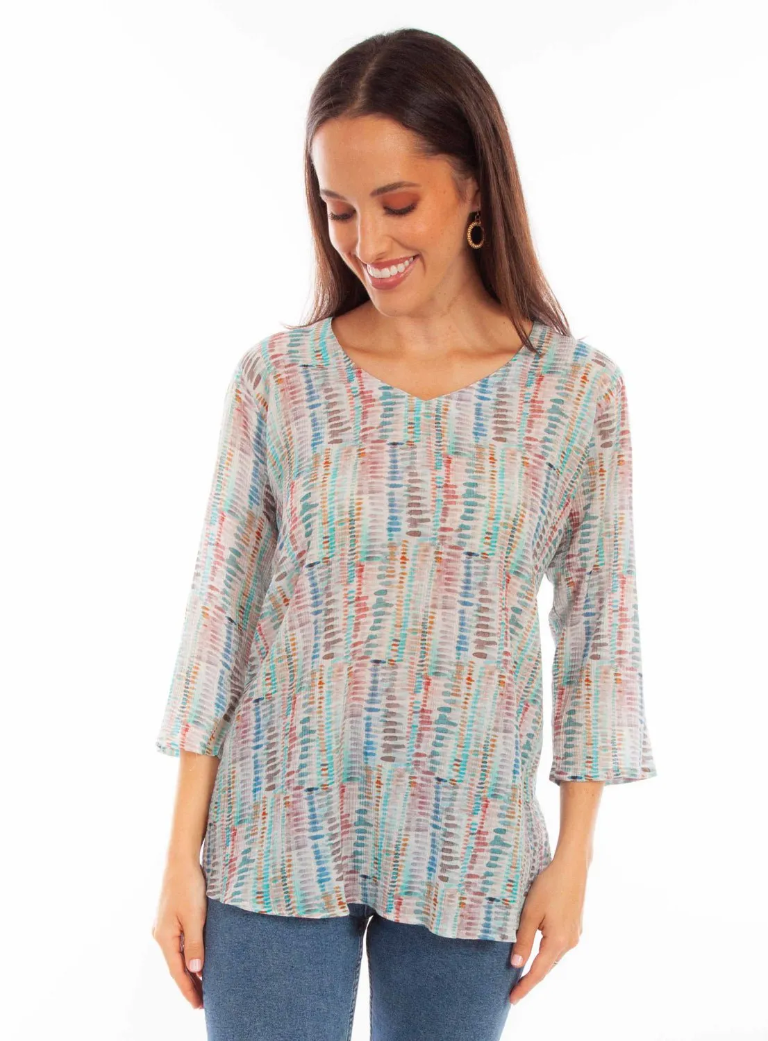 Scully Womens Abstract Striped Aqua Viscose 3/4 Sleeve S/S Tunic Vintage Wash