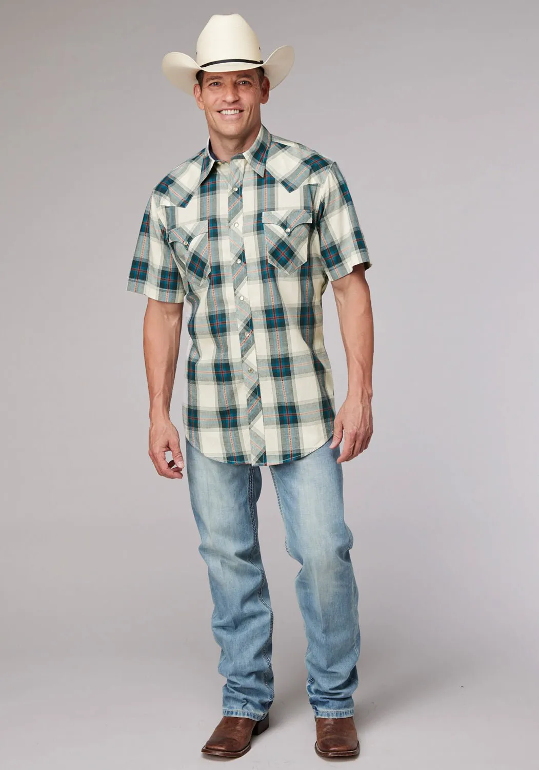 Tropical theme Roper Mens 2006 Tile Plaid Multi-Color 100% Cotton S/S Shirt