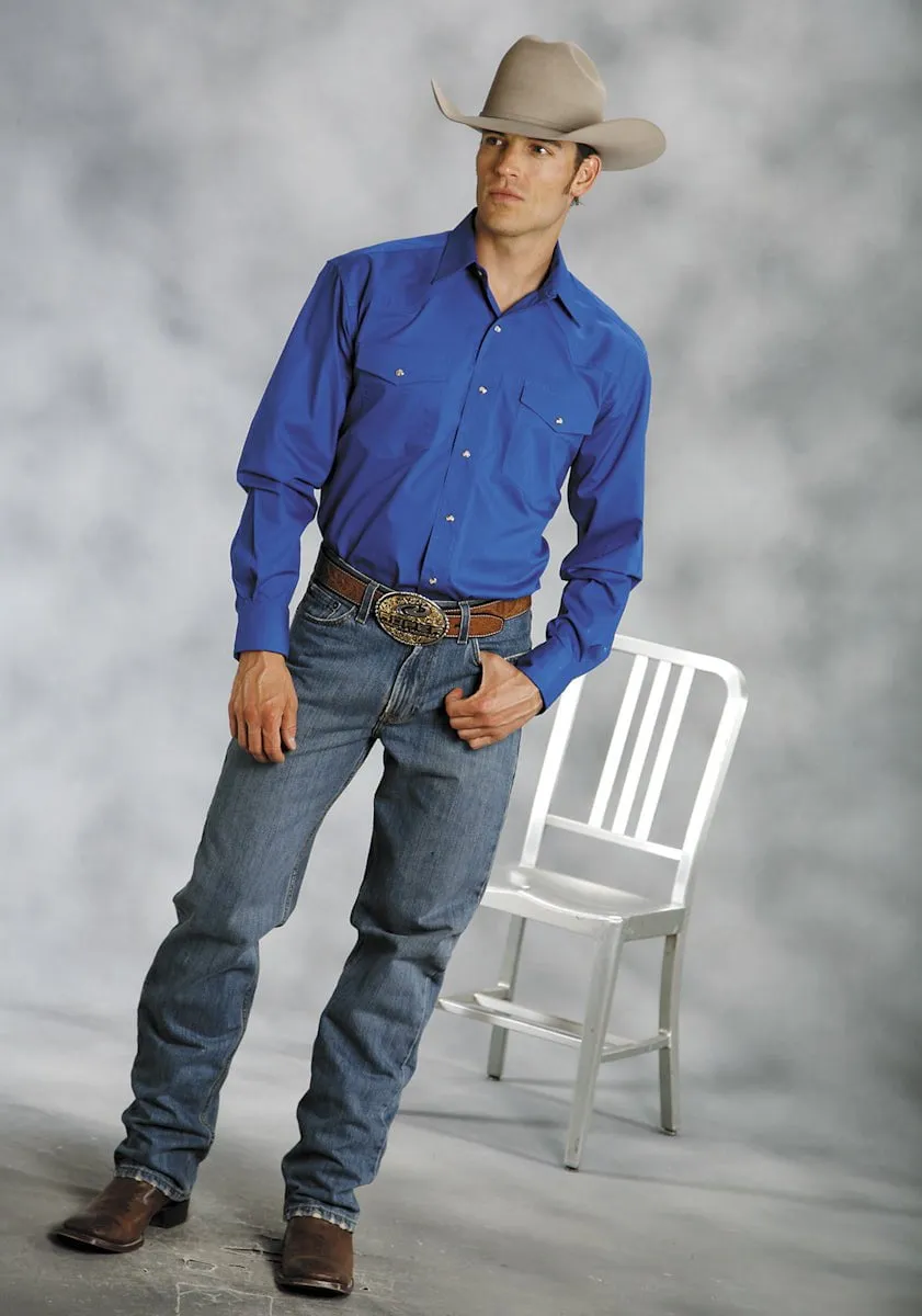 Roper Mens Blue 100% Cotton L/S Snap 1 Pt Back Yoke Poplin Western Shirt Relaxed Fit Lace Accent