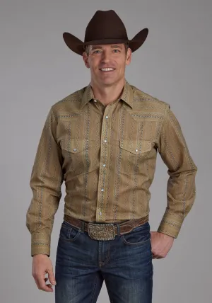 Tailored Placket Roper Mens Wallpaper Tan/Navy Cotton Blend L/S Shirt Roper Mens Wallpaper Tan/Navy Cotton Blend L/S Shirt Recycled Polyester Blend