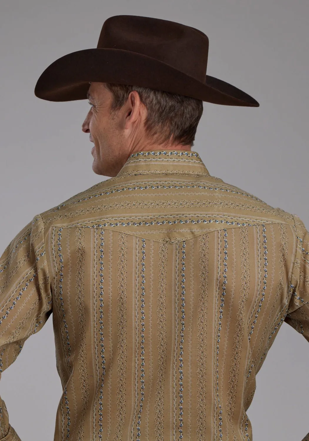 Roper Mens Wallpaper Tan/Navy Cotton Blend L/S Shirt Tailored Silhouette Beach Wear