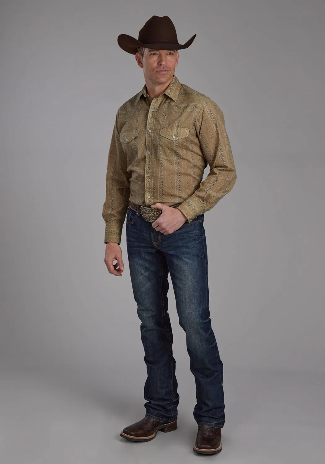 Roper Mens Wallpaper Tan/Navy Cotton Blend L/S Shirt Subtle Details