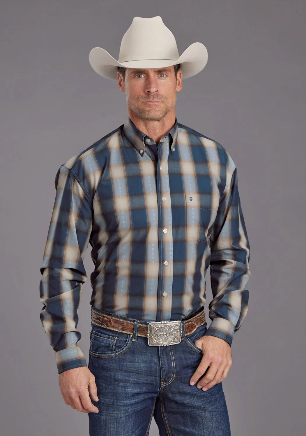 Winter Layering Stetson Mens Vintage Dobby Blue 100% Cotton 1 Pkt L/S Shirt