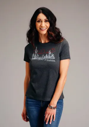 Tailored Style Stetson Womens Charcoal Cotton Blend Cactus Desert Scene S/S T-Shirt Split hem Stetson Womens Charcoal Cotton Blend Cactus Desert Scene S/S T-Shirt