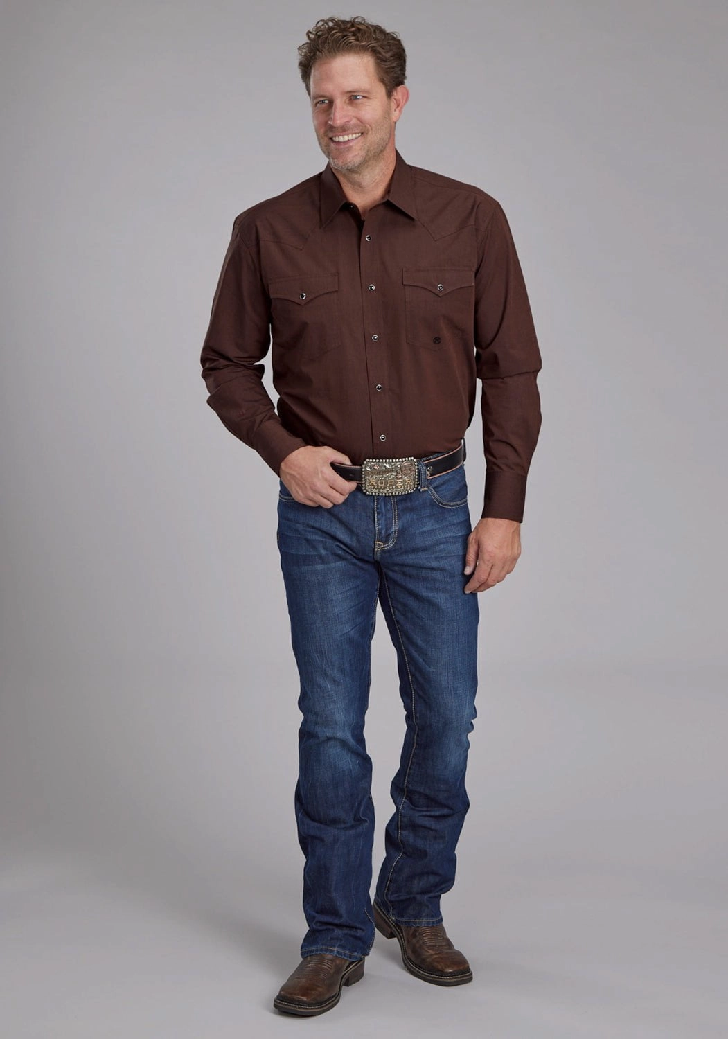 Seamless construction Wrinkle Resistant Roper Mens 2162 Black Fill Brown 100% Cotton L/S Shirt
