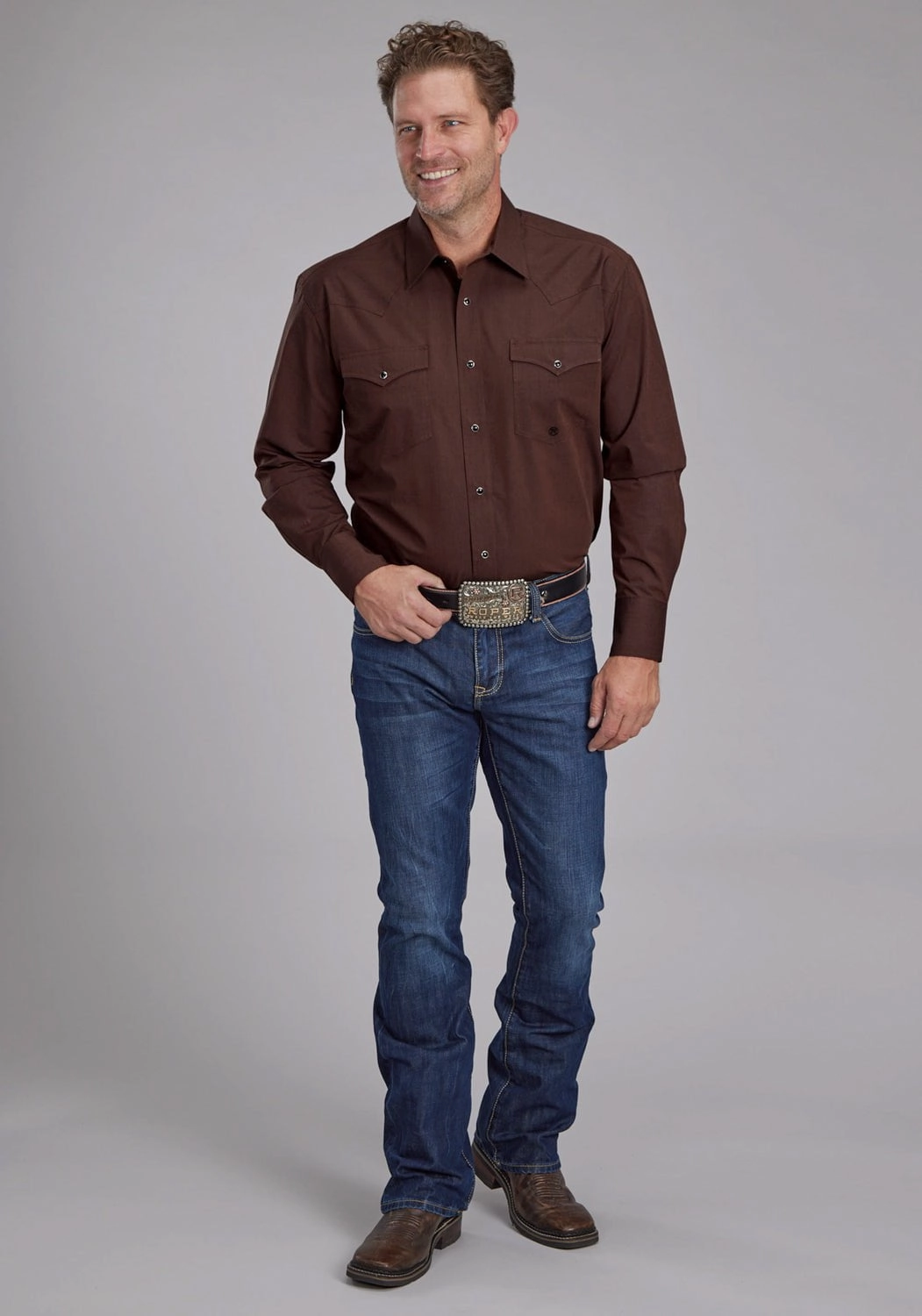 Roper Mens 2162 Black Fill Brown 100% Cotton L/S Shirt Go-To Look