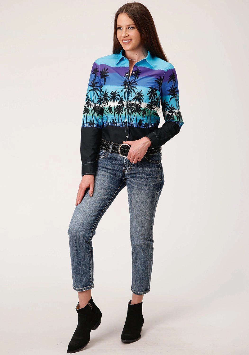 Perfectly Fitted Roper Womens Blue 100% Cotton Beach Roundup Border L/S Shirt