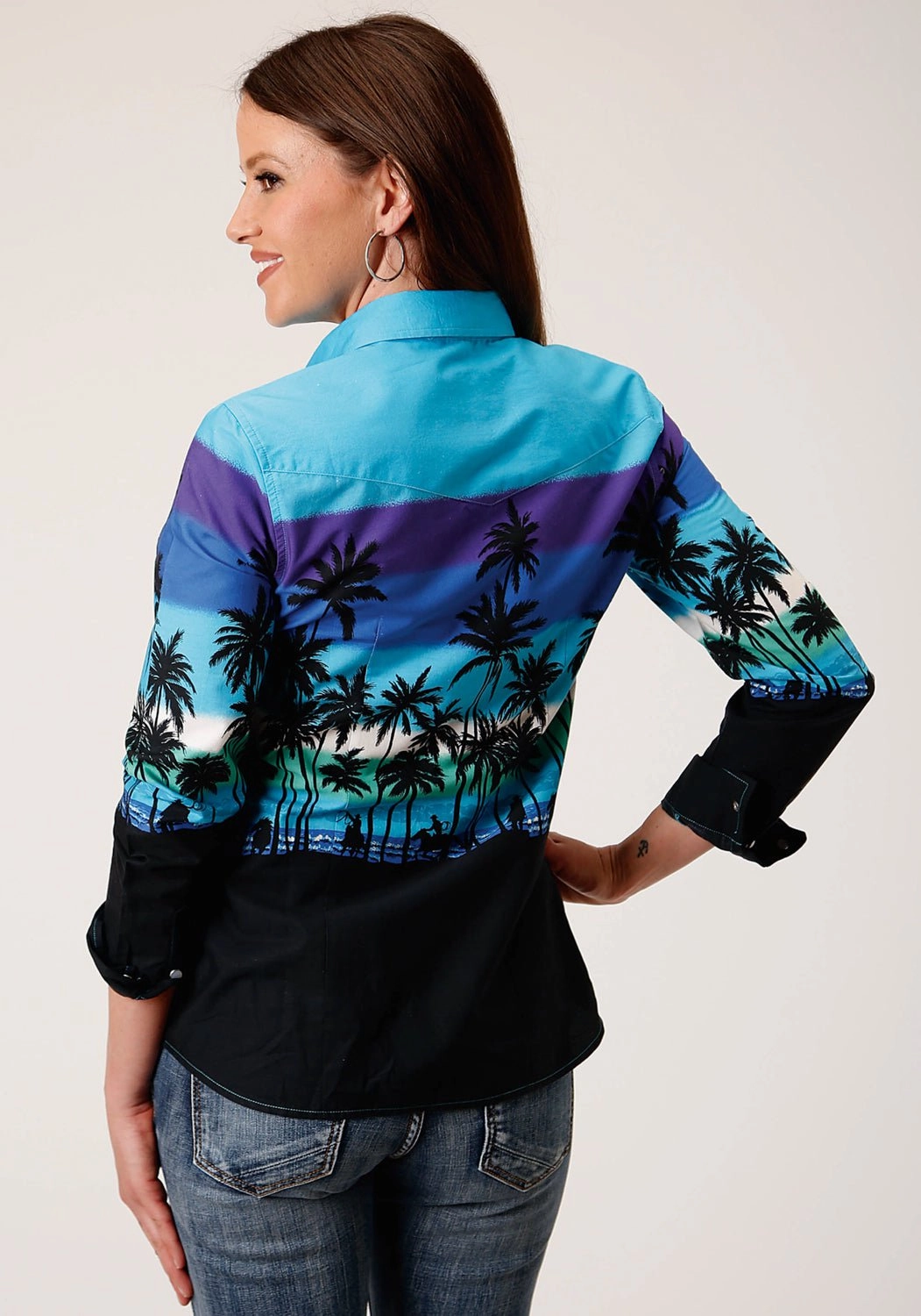 Modern Youth Style Party Look Fashion Lover Outdoor Enthusiast Roper Womens Blue 100% Cotton Beach Roundup Border L/S Shirt
