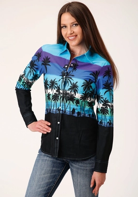 Tailored Form Roper Womens Blue 100% Cotton Beach Roundup Border L/S Shirt Chic Silhouette Roper Womens Blue 100% Cotton Beach Roundup Border L/S Shirt