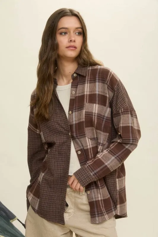 Holiday Trend Tammy Colorblock Plaid Long Sleeve Button Down Shirt