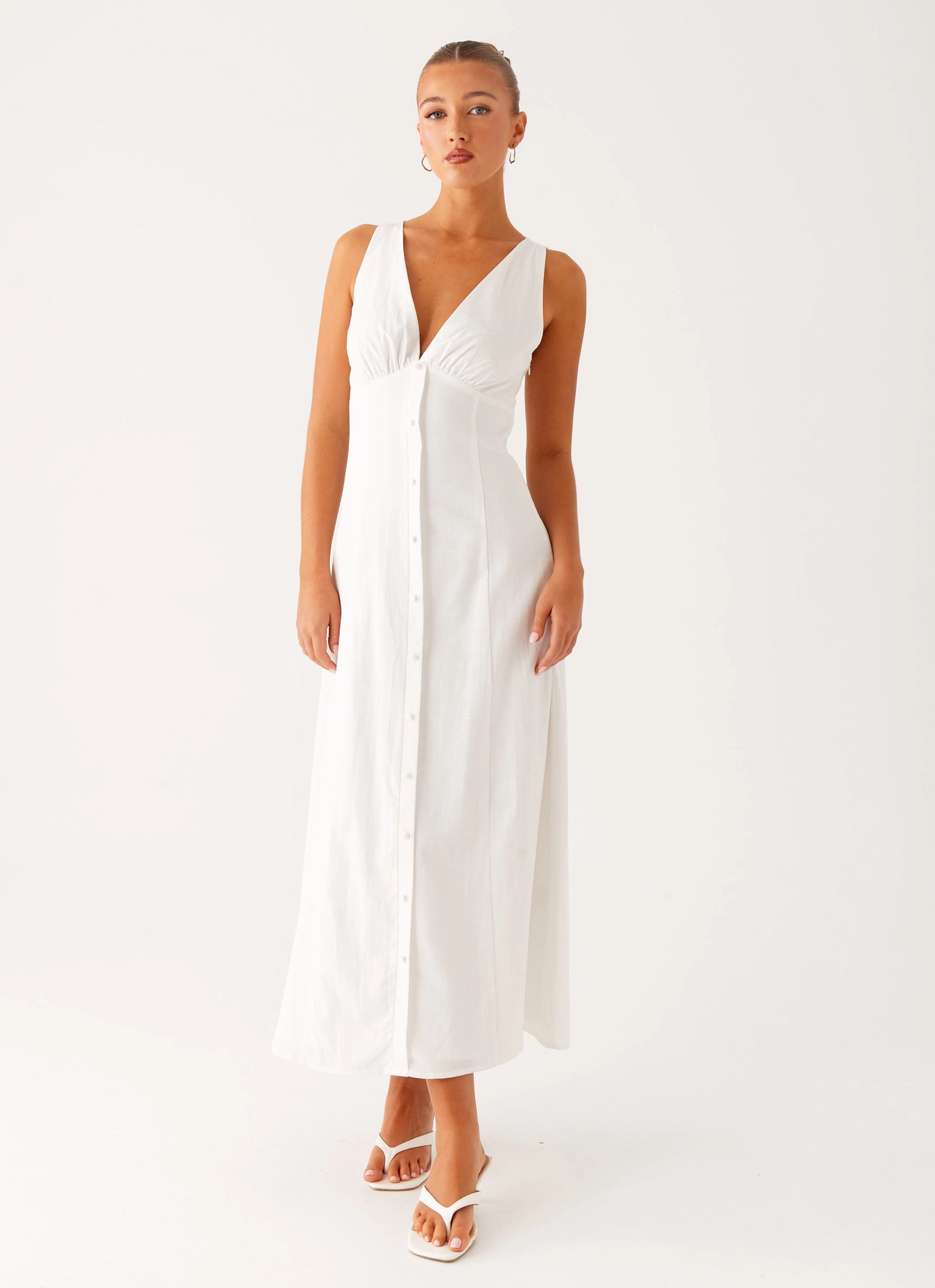 Tamsin Linen Maxi Dress - White Snap-Closure Spring Mood