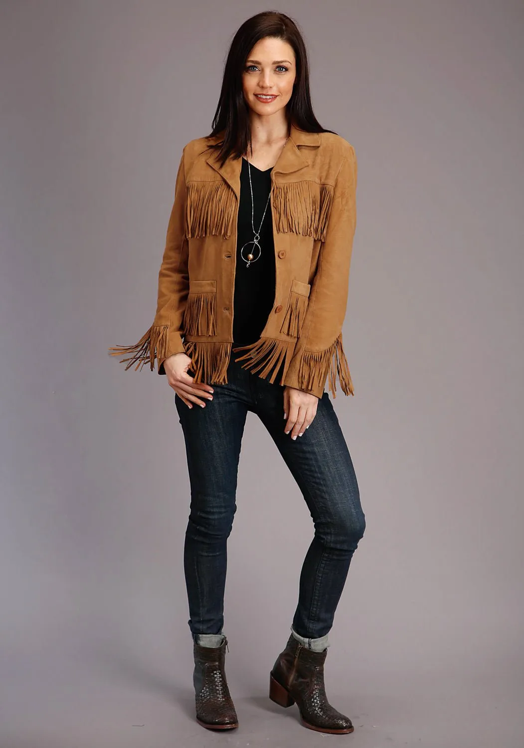Vintage Wash Stetson Womens Tan Leather Thick Suede Fringe Jacket