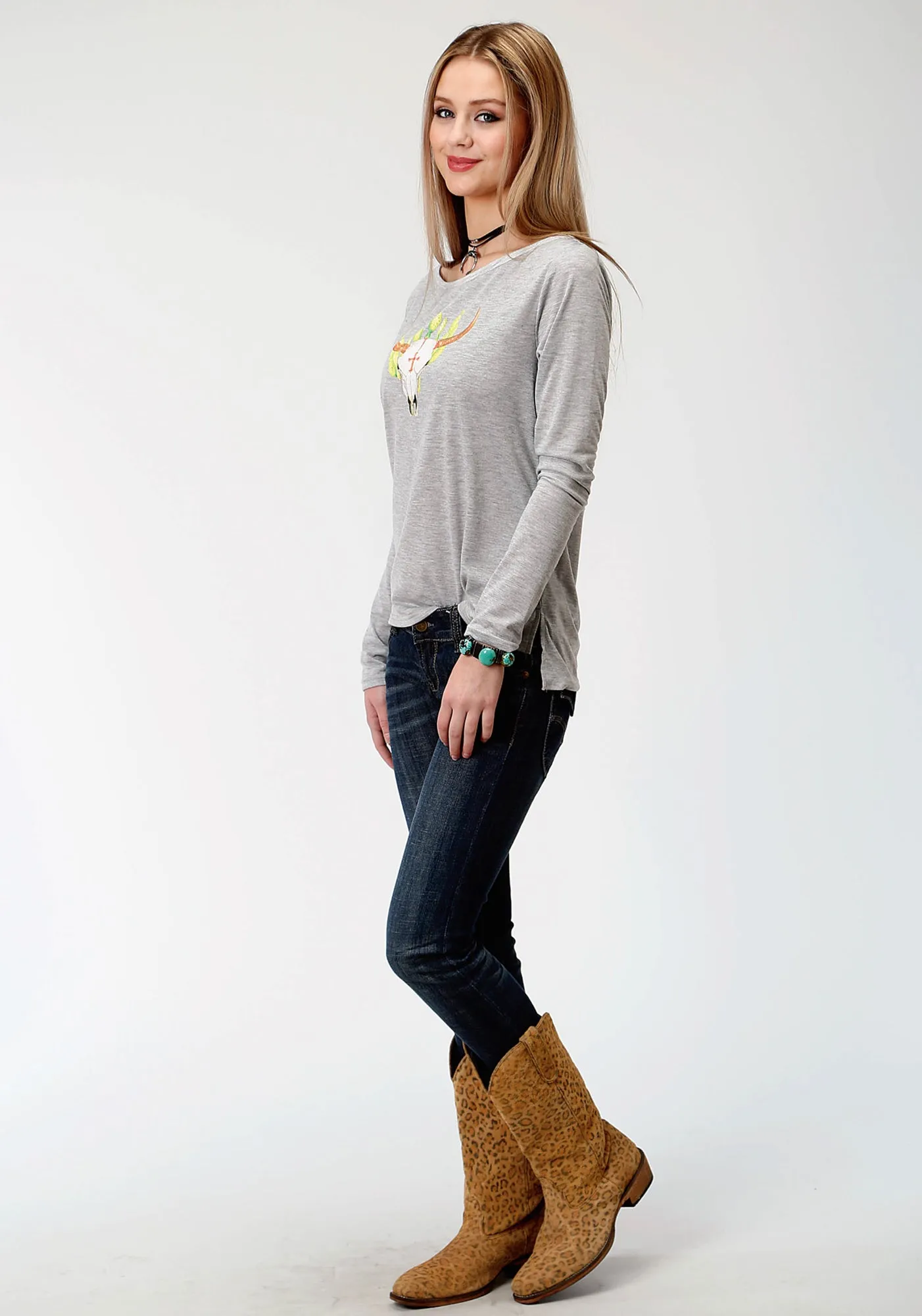 Cool Texture Roper Womens Heather Grey Poly/Rayon Longhorn L/S T-Shirt