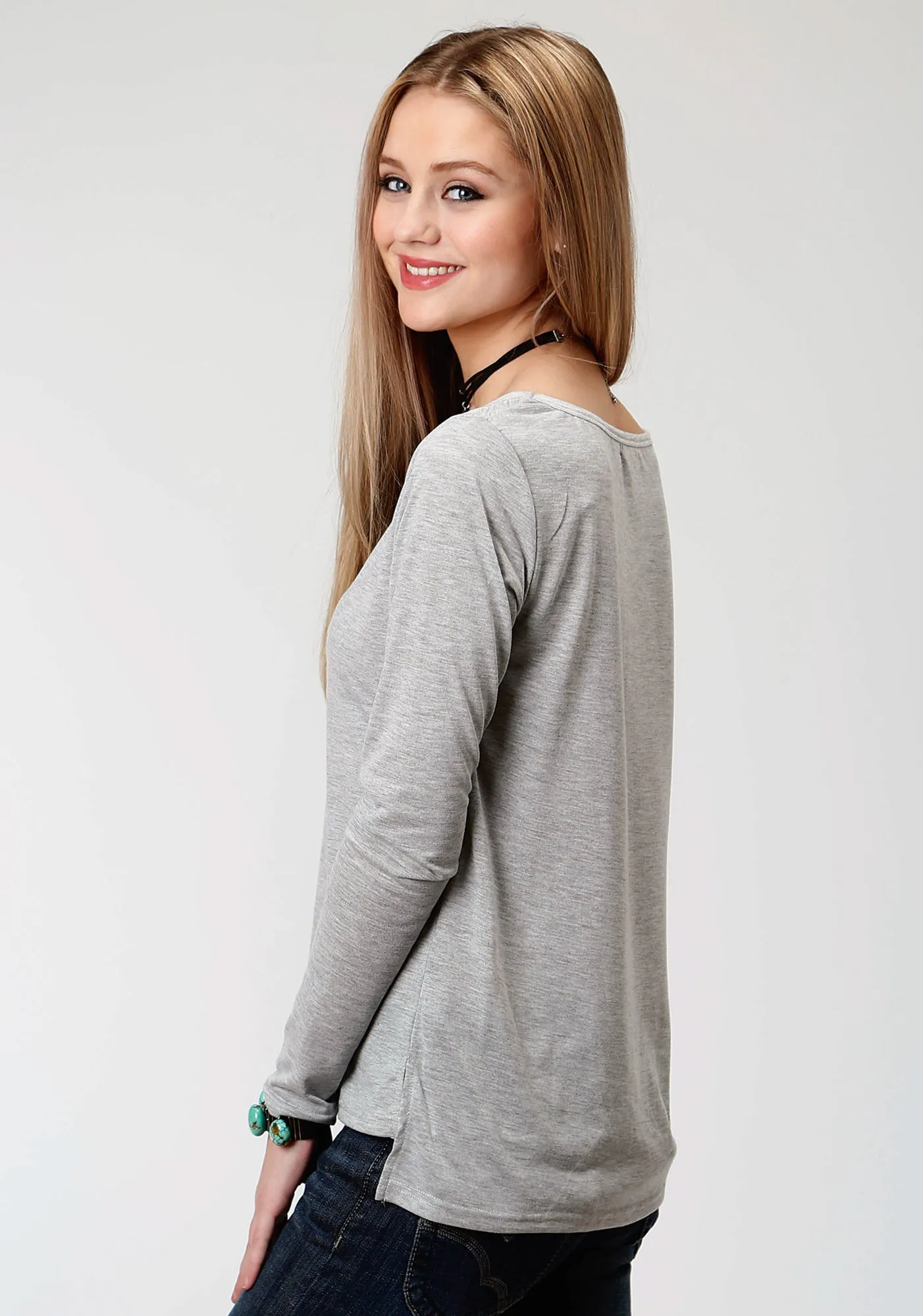 Daily Go Recycled Fiber Content Roper Womens Heather Grey Poly/Rayon Longhorn L/S T-Shirt