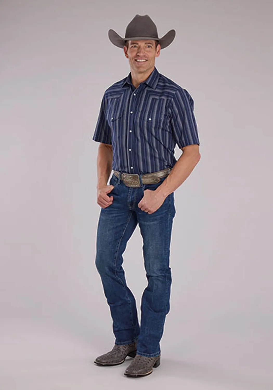 Relaxed Vibe Roper Mens 2477 Western Stripe Navy/Brown Cotton Blend S/S Shirt