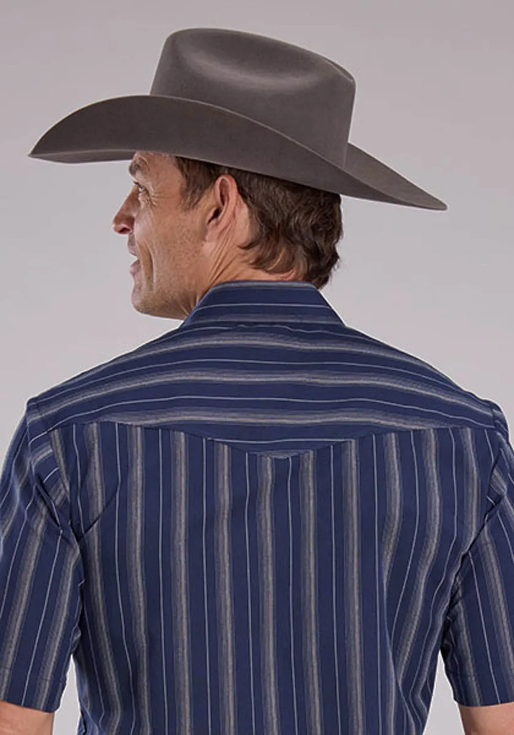 Advanced Moisture Management Premium Comfort Roper Mens 2477 Western Stripe Navy/Brown Cotton Blend S/S Shirt