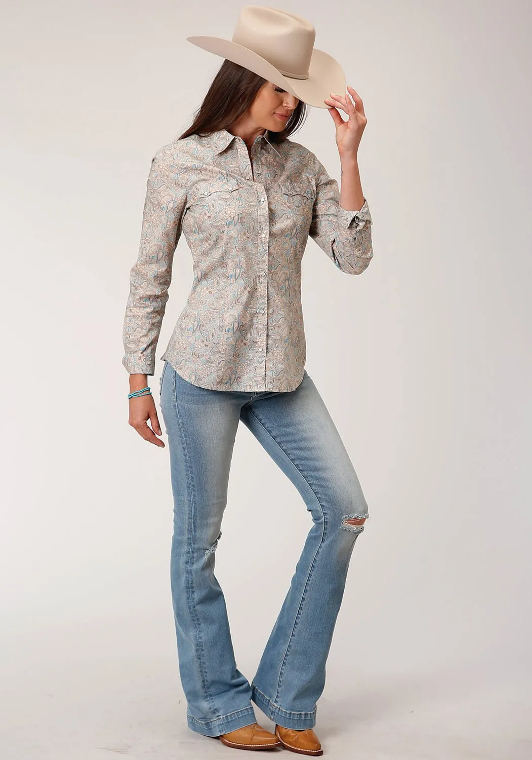 Roper Womens Dot Paisley Print Brown 100% Cotton L/S Shirt Gender Neutral Roll-Up Sleeve