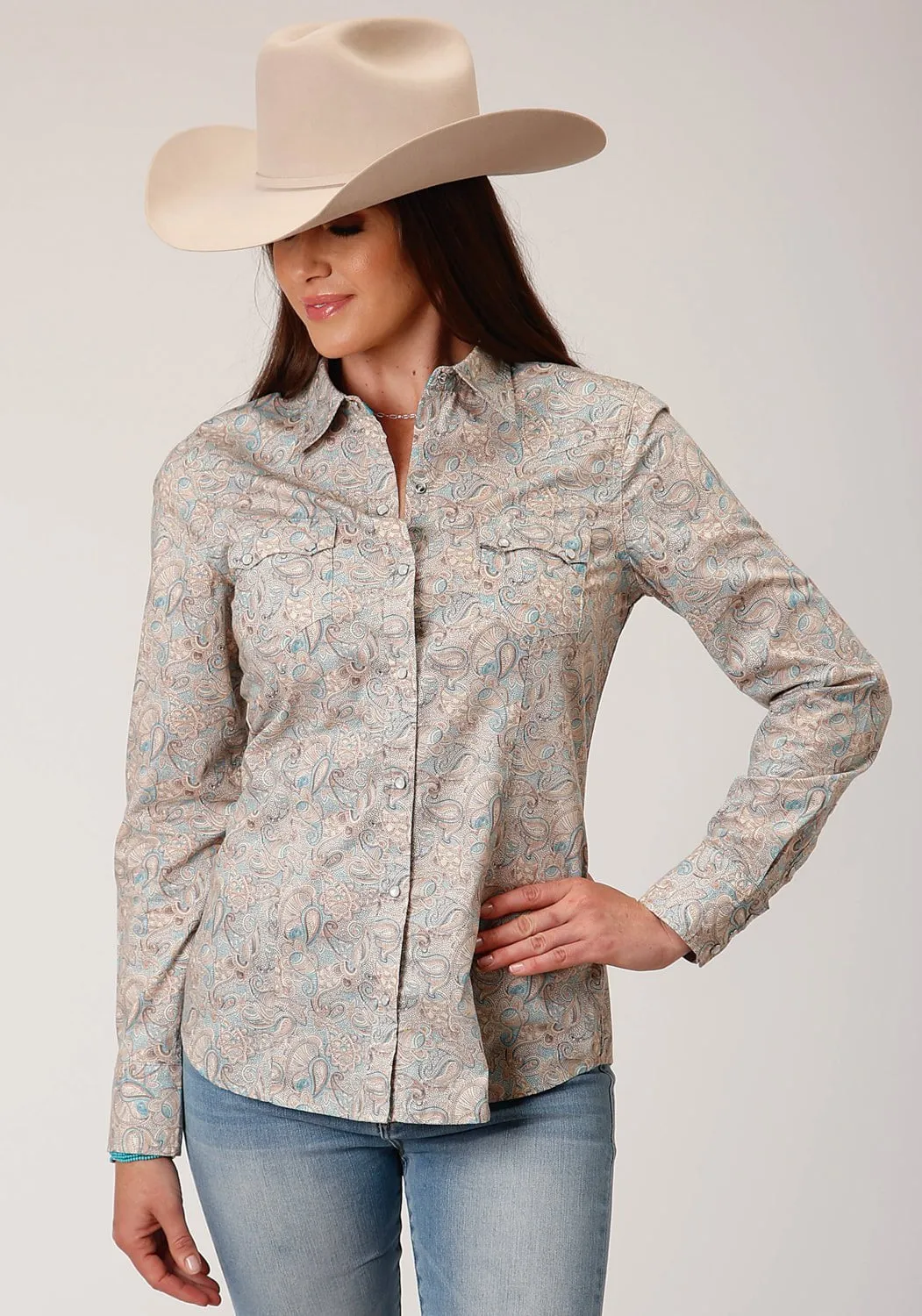 Light Option Roper Womens Dot Paisley Print Brown 100% Cotton L/S Shirt