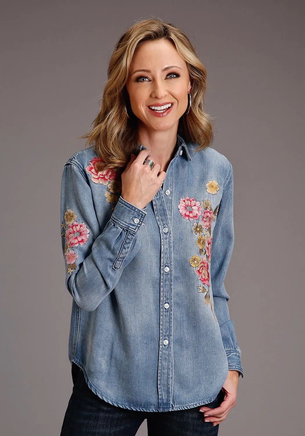 Stetson Womens Floral Front Blue Lyocell L/S Shirt Travel-friendly Layered Hemline